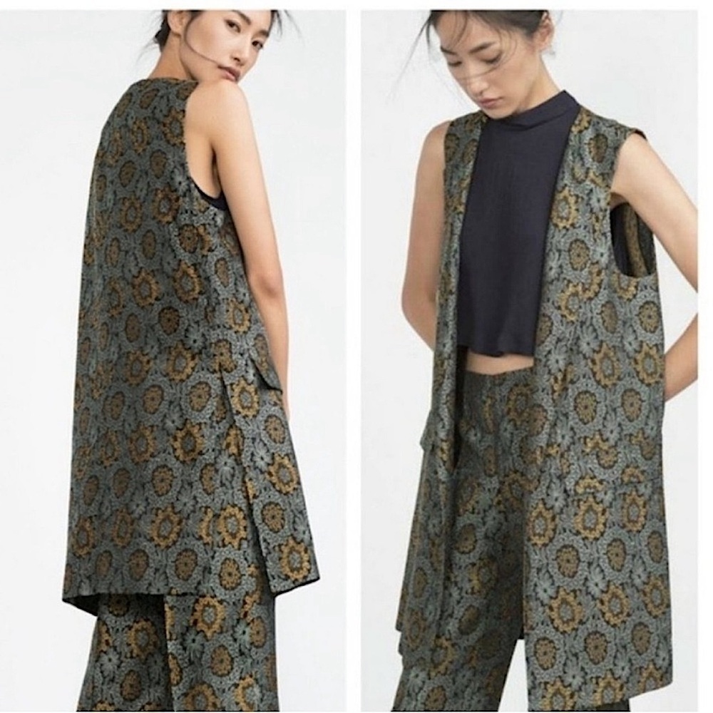 Zara Floral Jacquard Open Front Embroidered Longline Vest Women’s Size Small